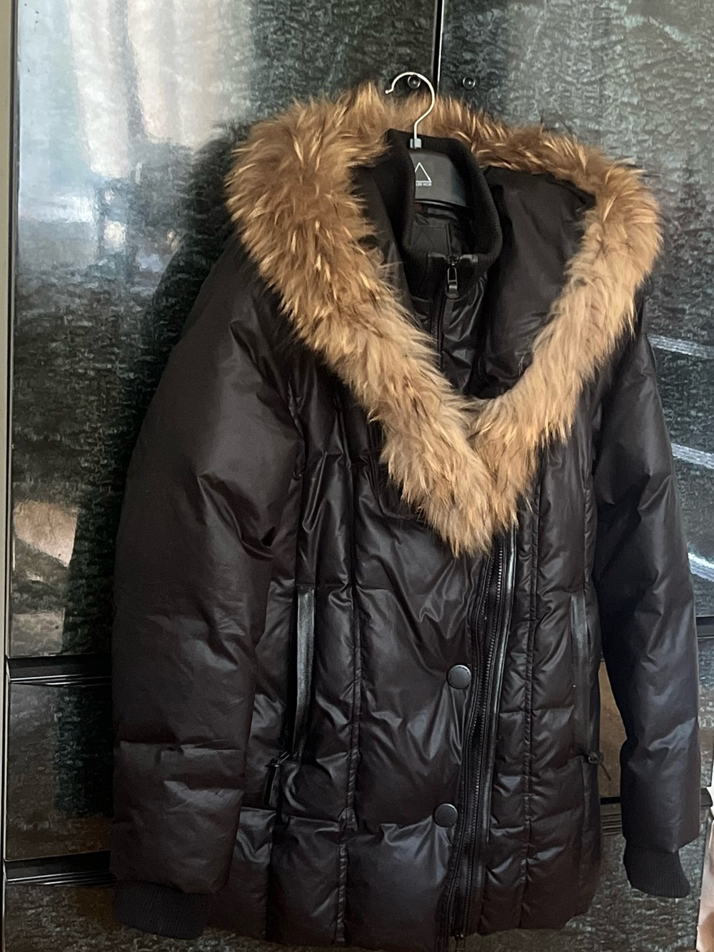 Atelier Noir Black Puffer Coat/Parka with Fur Hood and Duvet Down Blend Interior